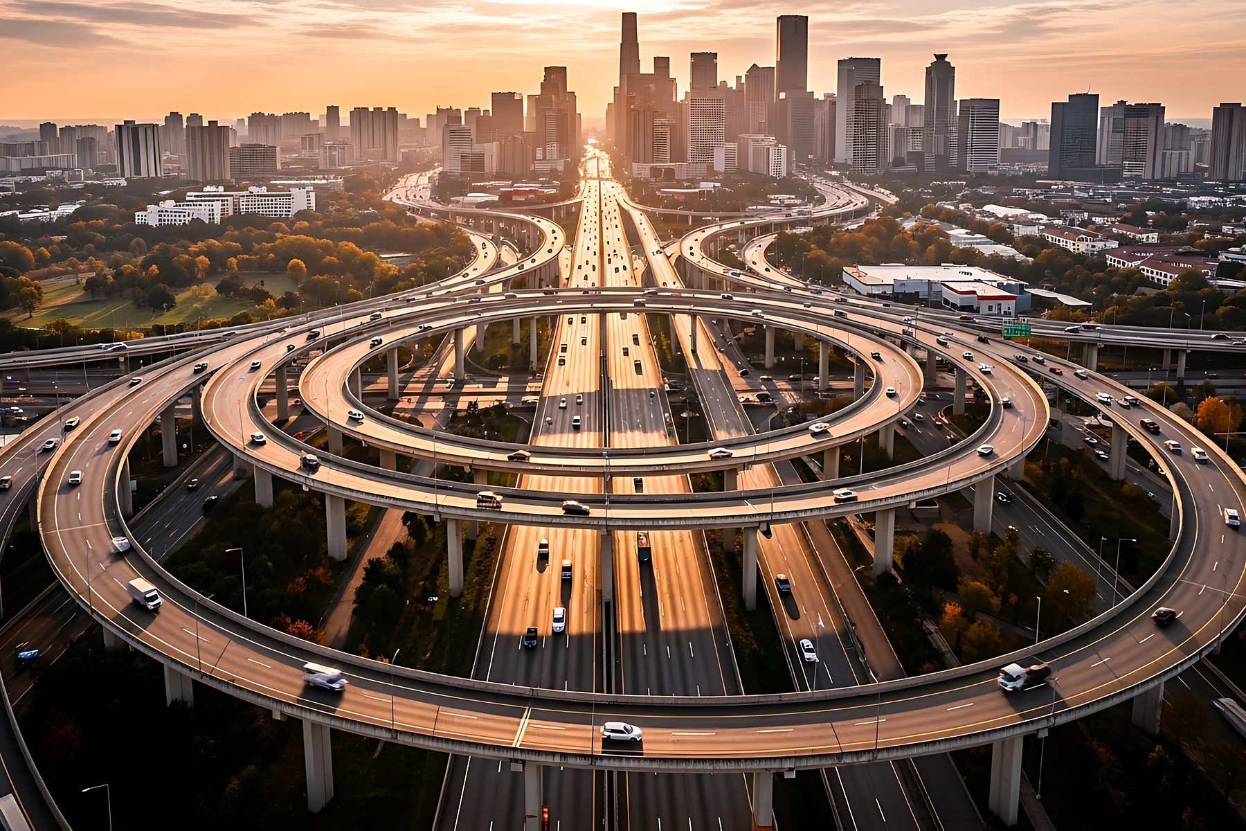 Aerial view of a multi-level urban motorway interchange at sunset