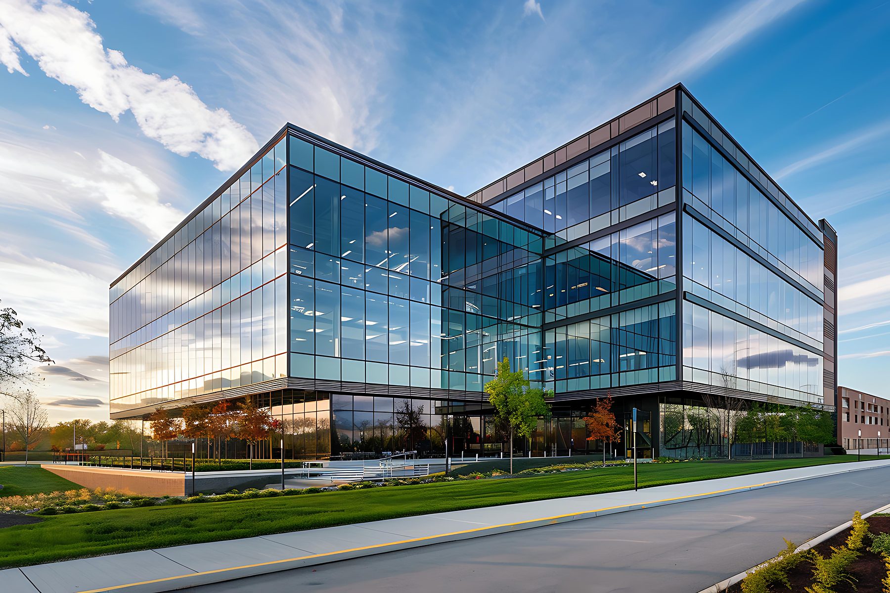 A modern glass-facade commercial office building at dusk