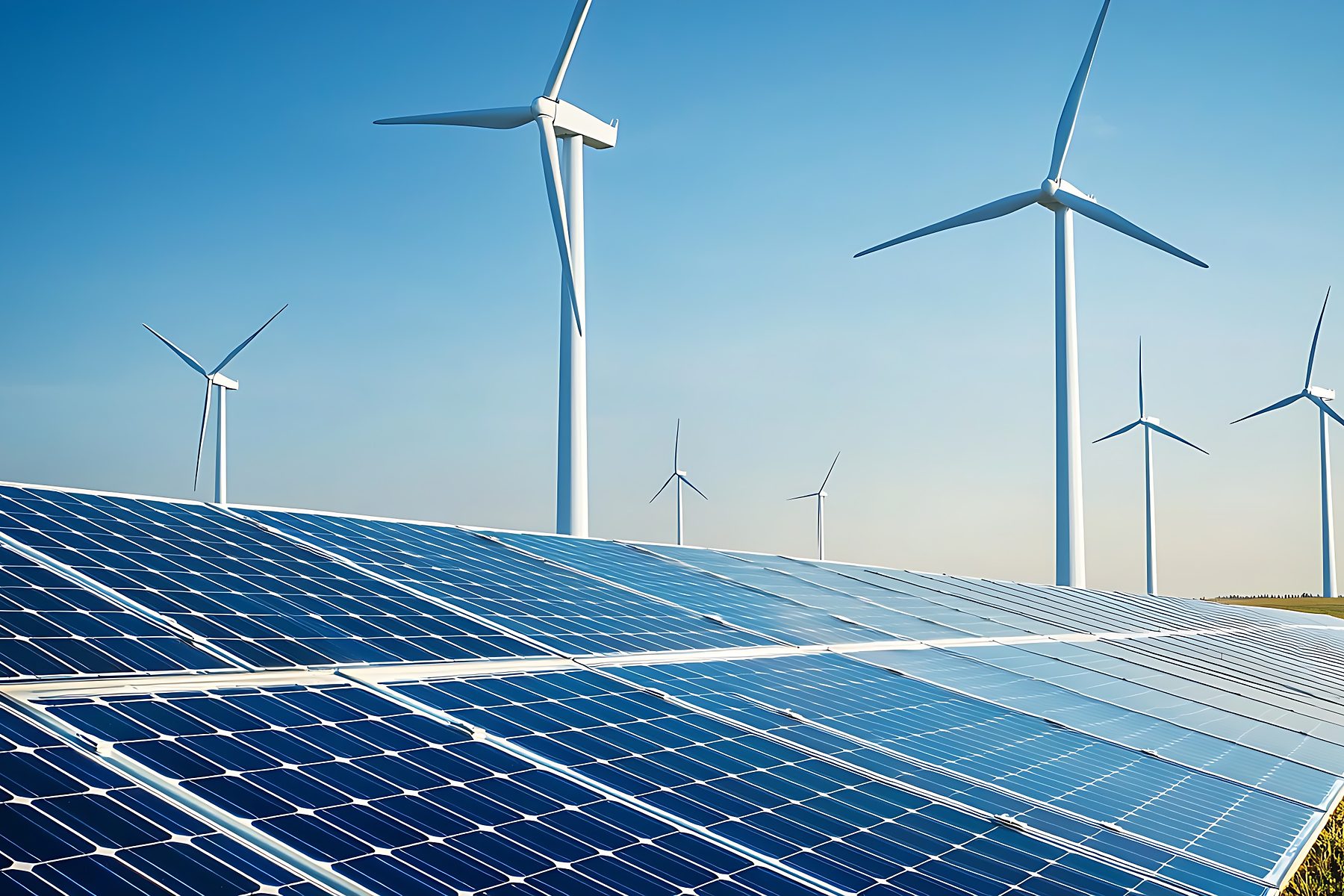 A solar array in the foreground with wind turbines behind it under a clear sky