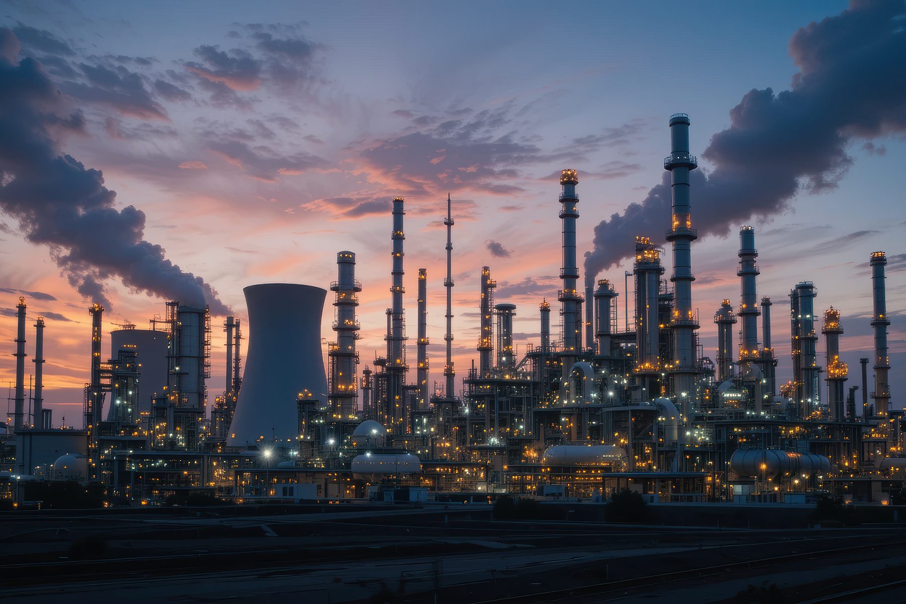 A petrochemical processing plant lit up at dusk, with distillation columns and stacks
