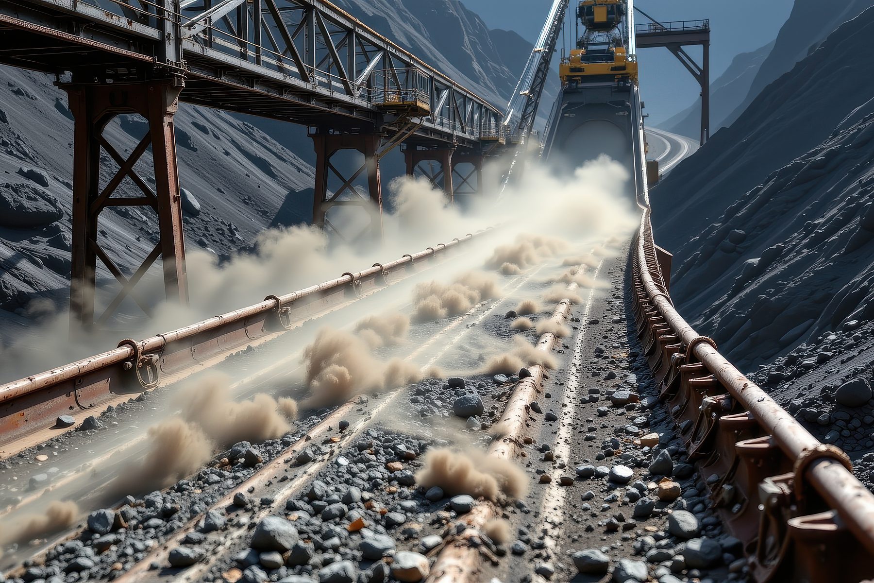 A mine site conveyor running between rock faces, with dust suppression spraying